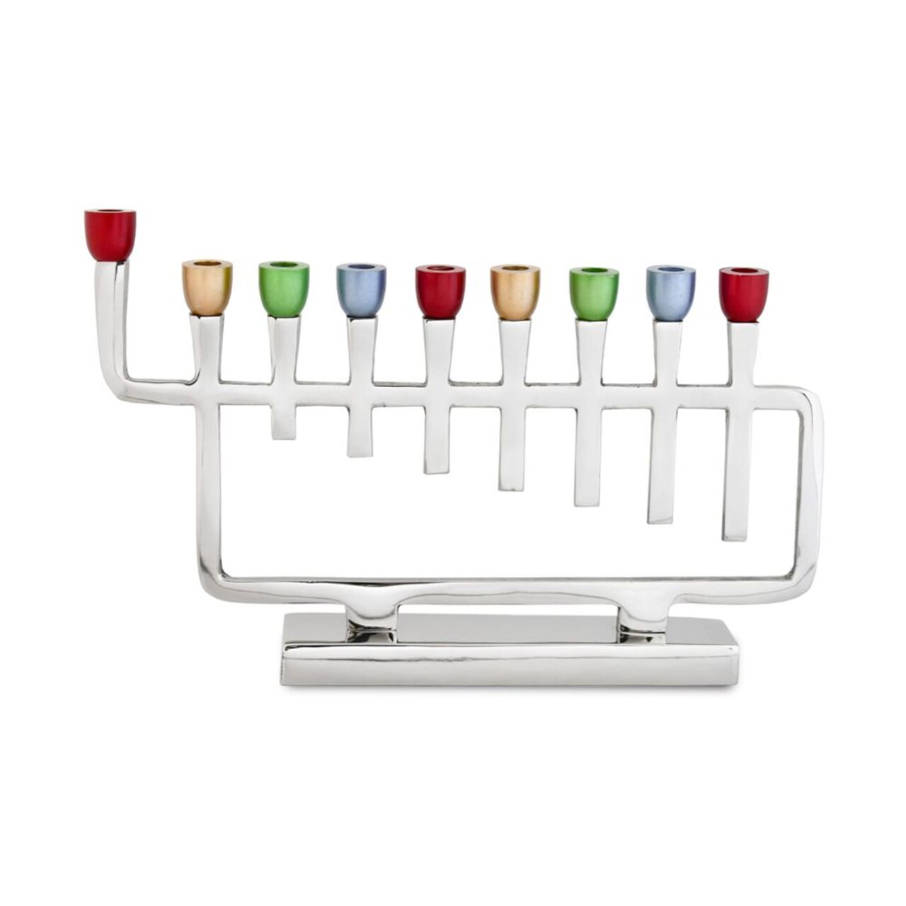 Polished Silver Metal Menorah with Colorful Candle Cups By Kinor Decor